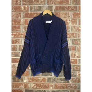VTG Tight-Knit Cardigan Royal Blue Striped Shawl Collar Grunge Retro 80s Grandpa